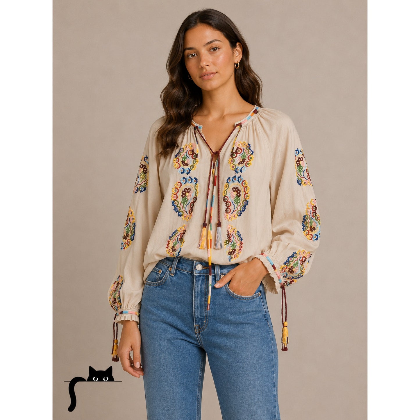 Fortela Ghodsi Tan Multicolor Beade Embroider Print Peasant Blouse 40