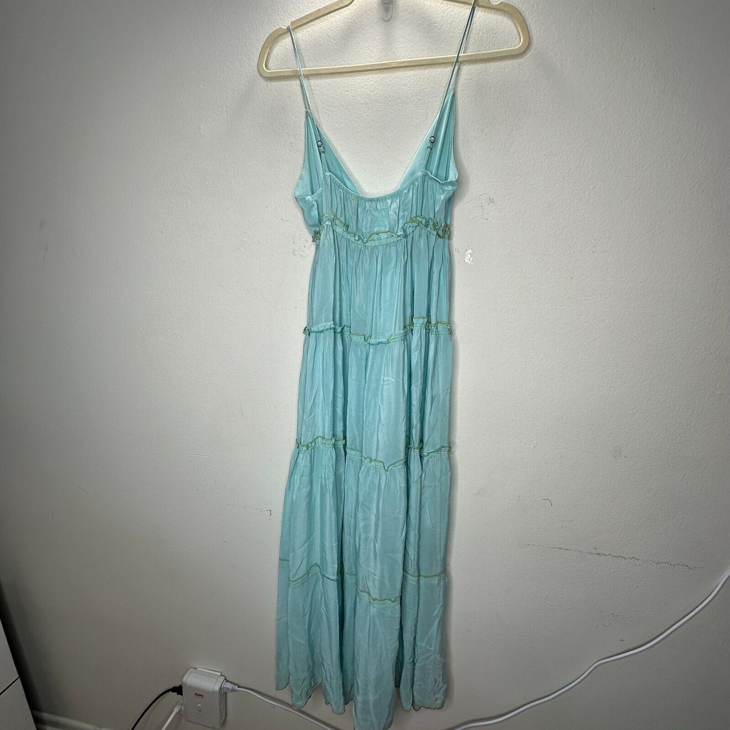 V Sierra 100% Silk Muted Aqua Spaghetti Strap V-Neck Tiered Ruffle Maxi Dress S
