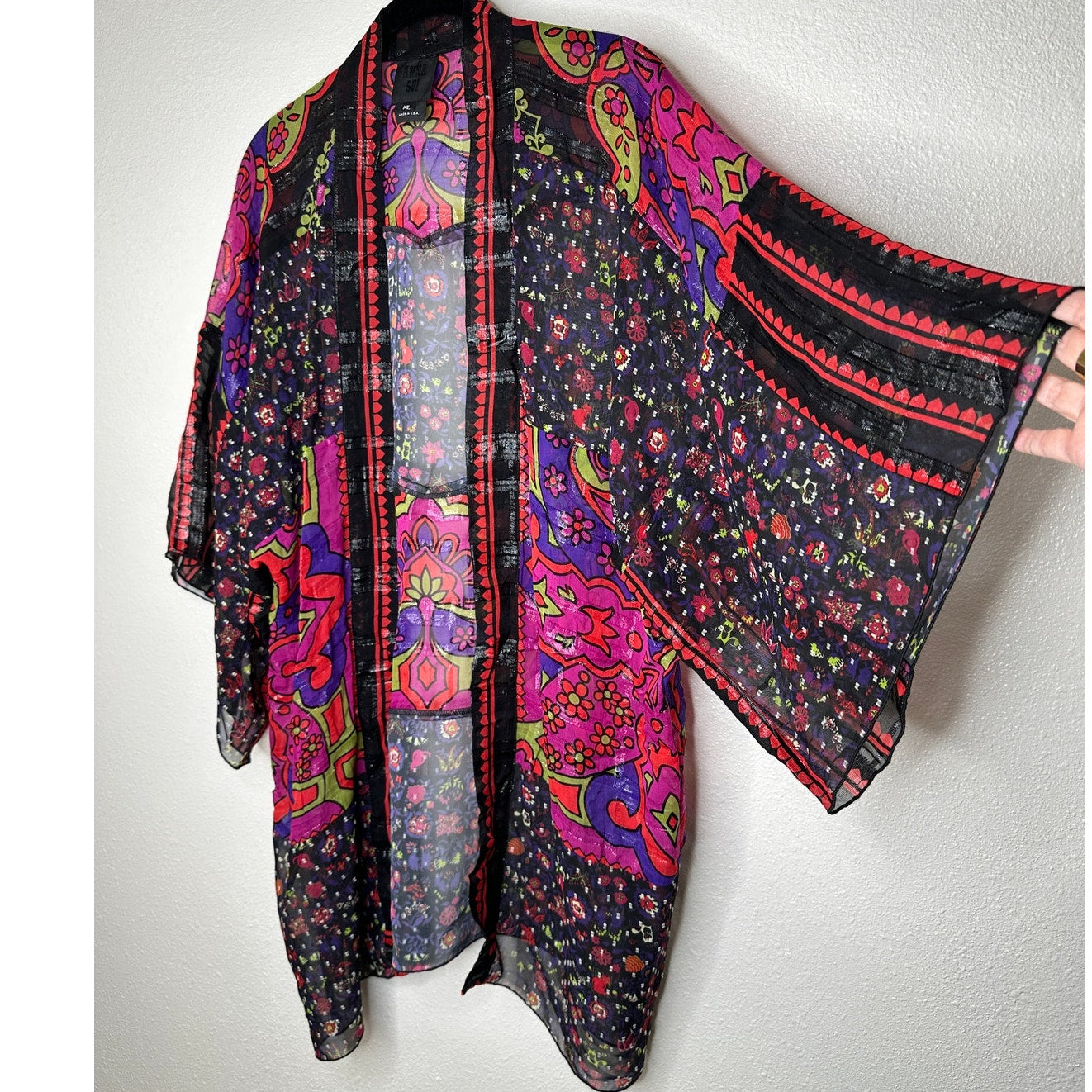 Anna Sui Multicolor Pink Black Purple Sheer Shimmer Floral Paisley Kimono M / L