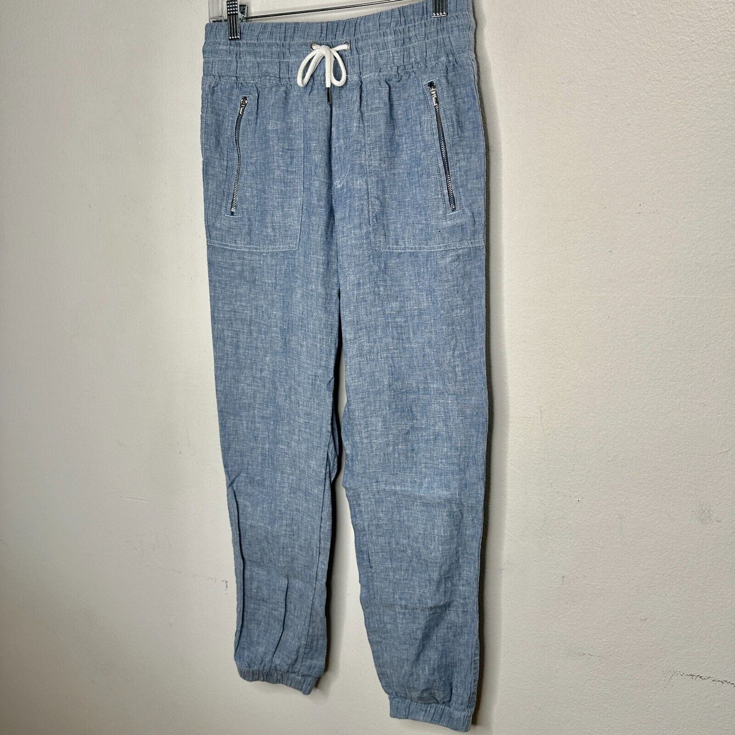 Athleta Chambray Blue Cabo Casual Linen Jogger Pant Tie Waist Front Zip 4