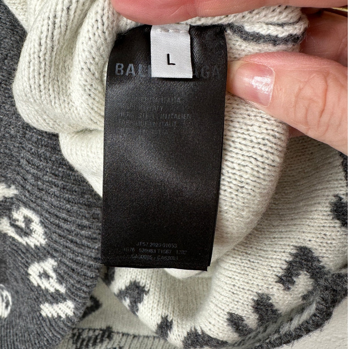 Balenciaga Dark Gray Long Sleeve White Logo'd Crew Neck Sweater L