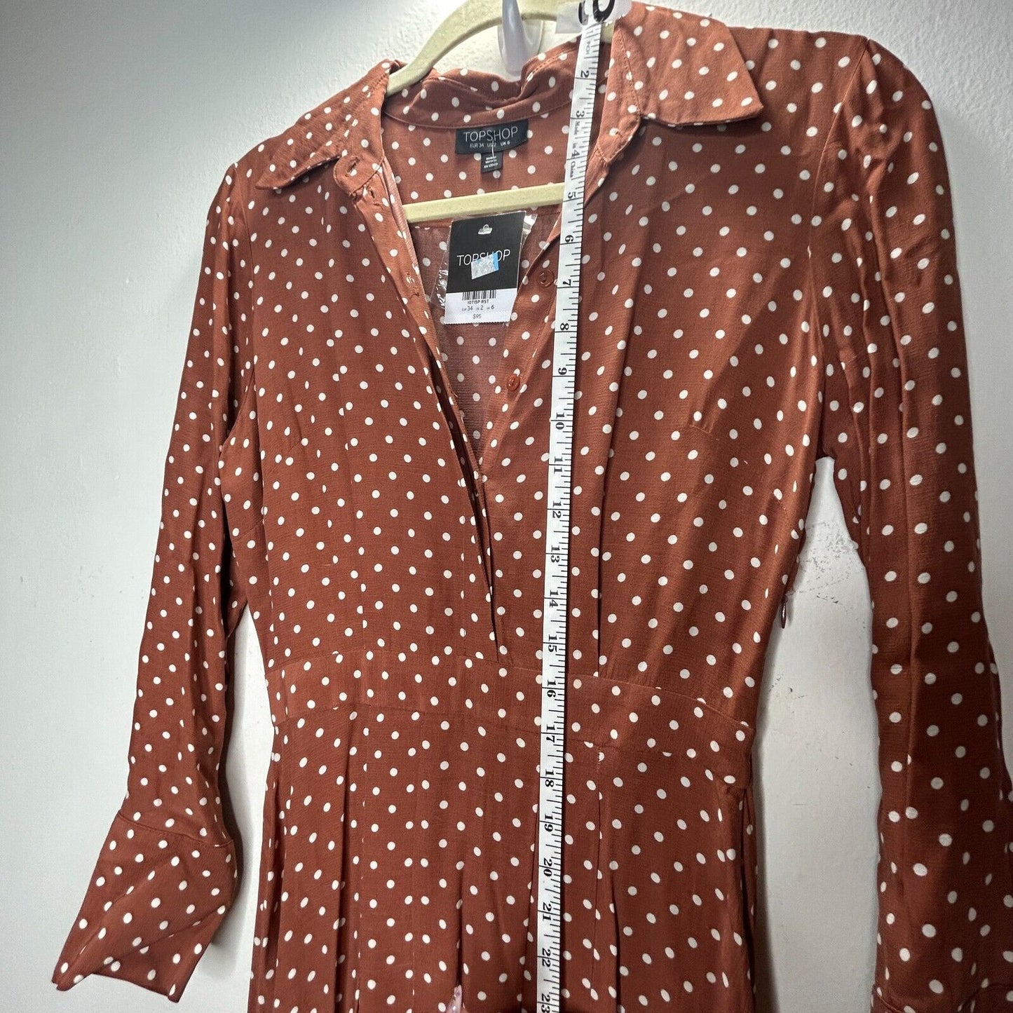 Topshop Brown Cream Polka-Dot 3/4 Sleeve Front Button Pleated Slit Maxi Dress 2