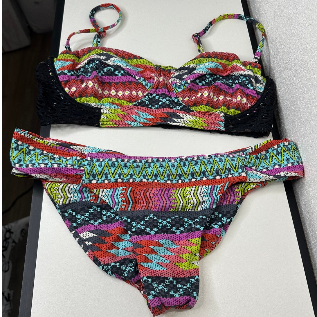 Billabong Black Blue Purple Green Multi Abstract Print Bikini M