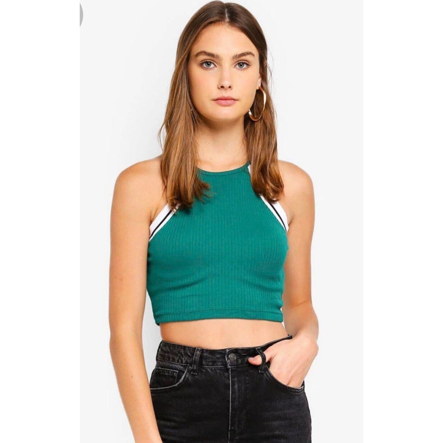 Topshop Cute Green Ribbed Knit White & Black Stripe Trim Halter Neck Crop 10
