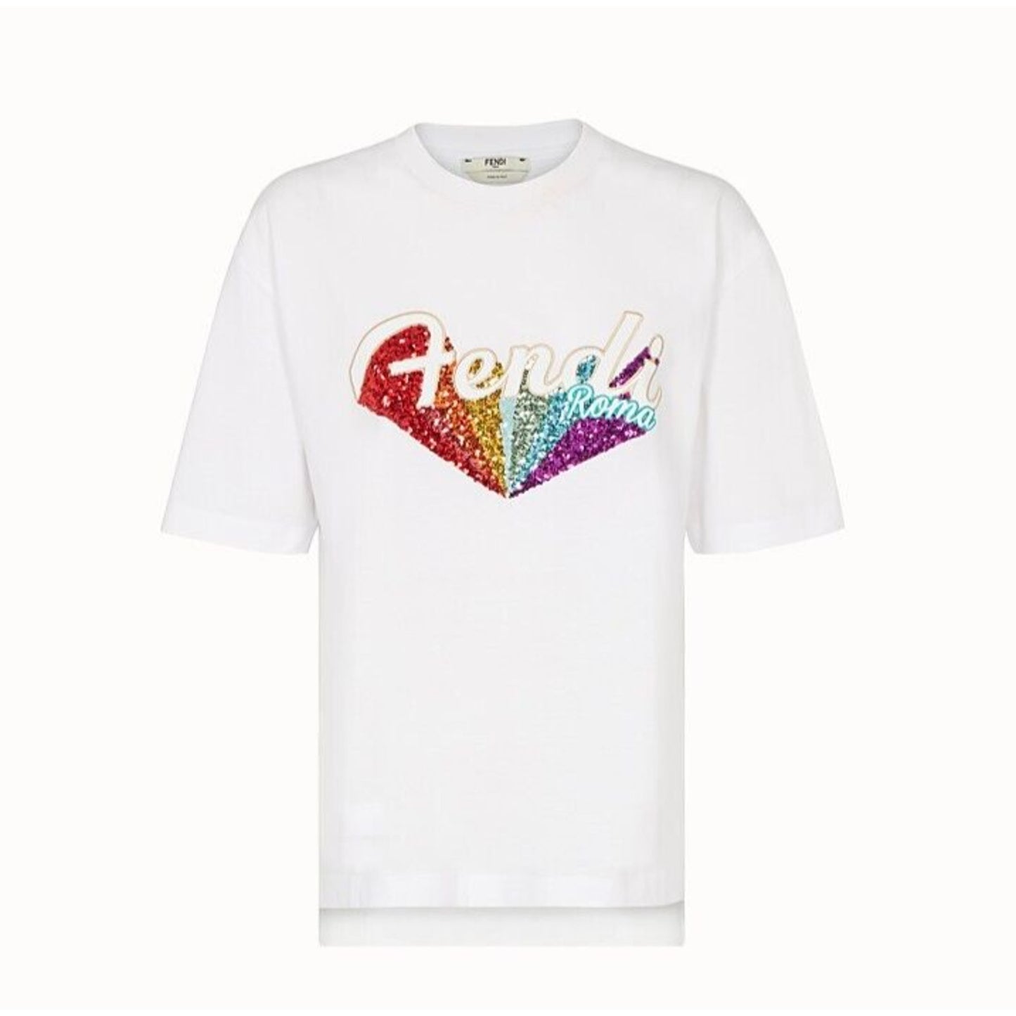 Fendi White Short Sleeve Round Neck Rainbow Sequined Fendi Roma Graphic Tee L