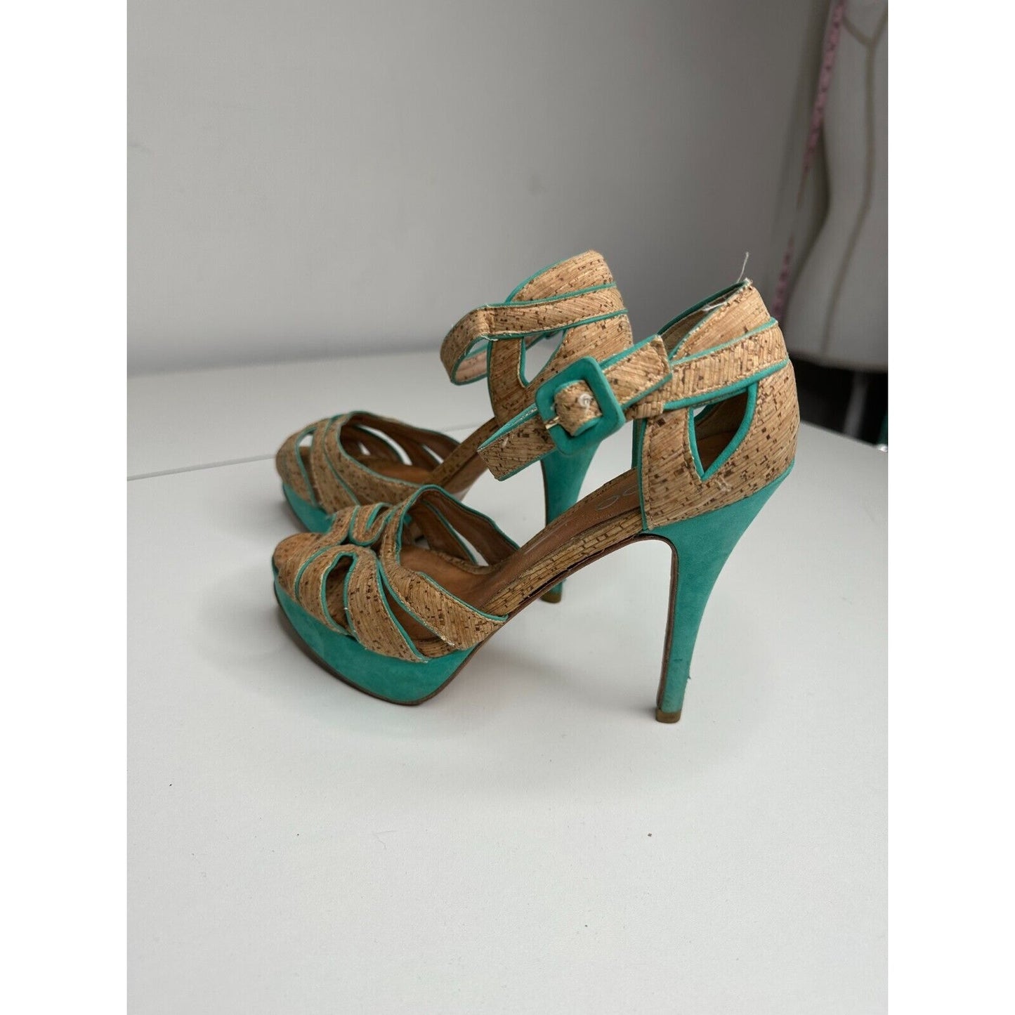 Aldo Platform Turquoise Suede & Tan Cork Stiletto Heel Ankle Strap Sandal 5.5