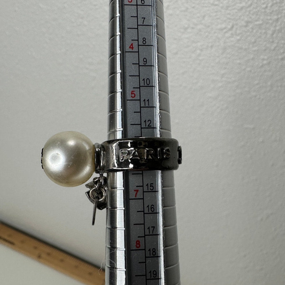 Chanel Paris Silver Embossed Logo Pearl Crystal Heart Dangle Ring 6.5