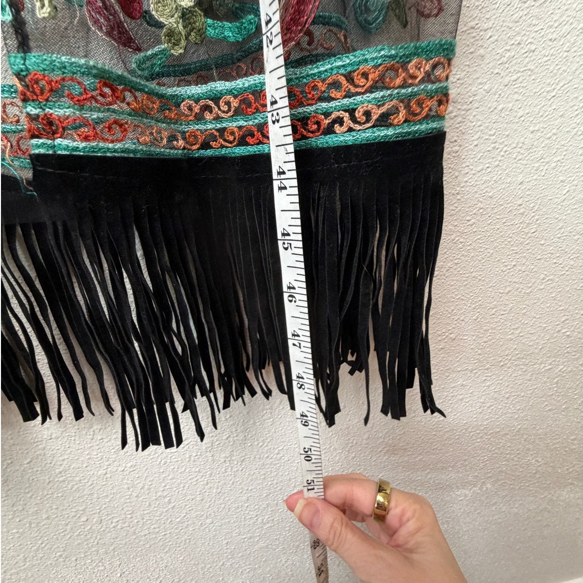 Sheer Floral Embroidered Fringe Kimono Duster Black Women’s M