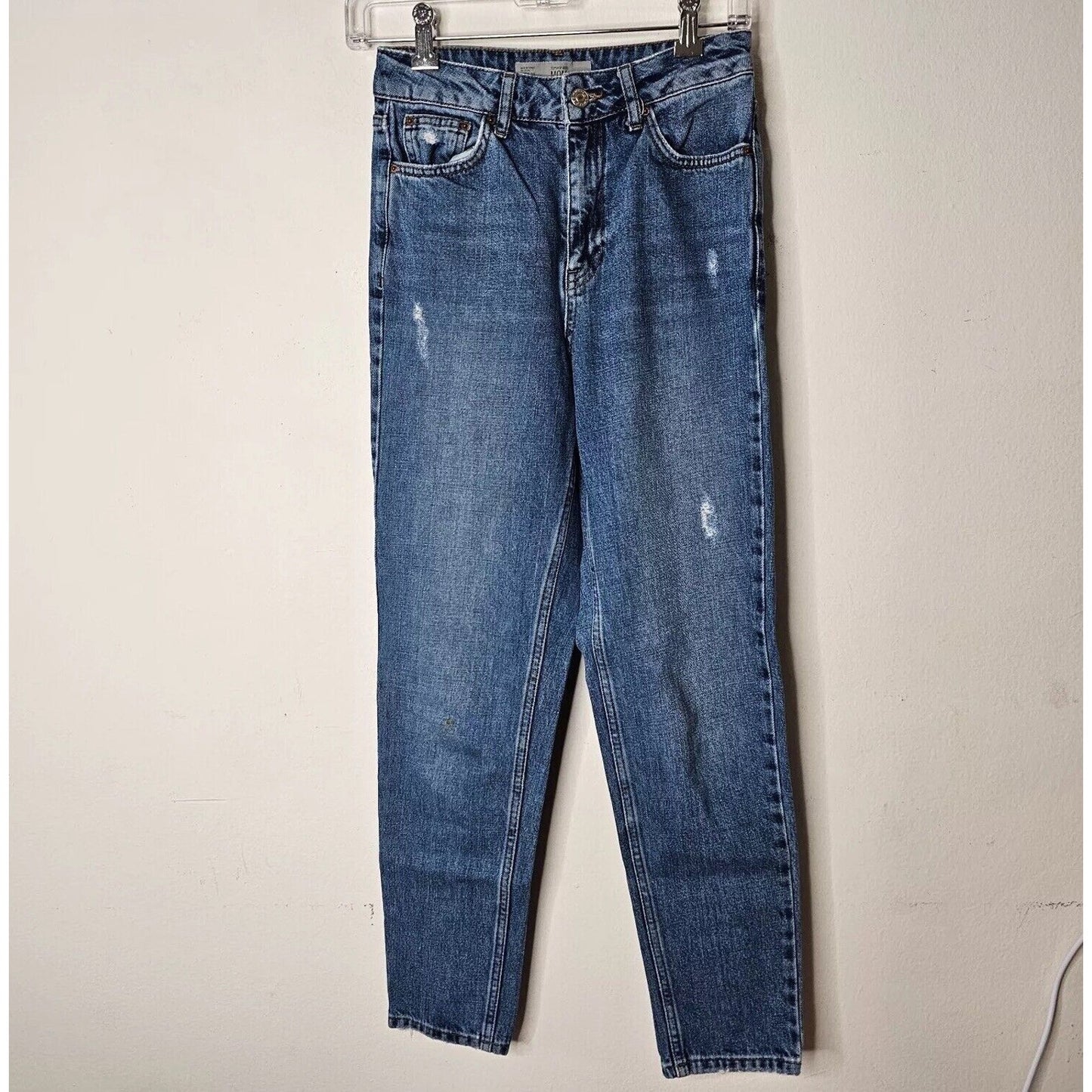 Topshop Medium Blue Wash Moto Mom Jeans 5-Pocket Distressed Straight Leg 25