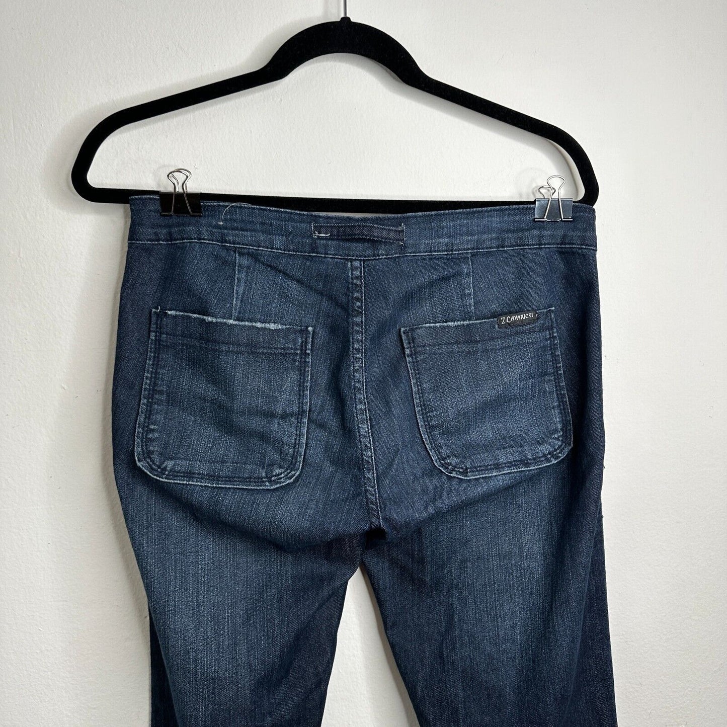 Vintage Z Cavaricci Dark Wash Low Rise Flare Front Tie Waist Jean Patch Pocket 7