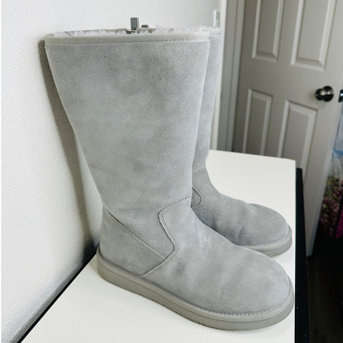 Ugg Blue Gray Alber Flat Heel Shearling Lined Suede Boot Side Zip 8