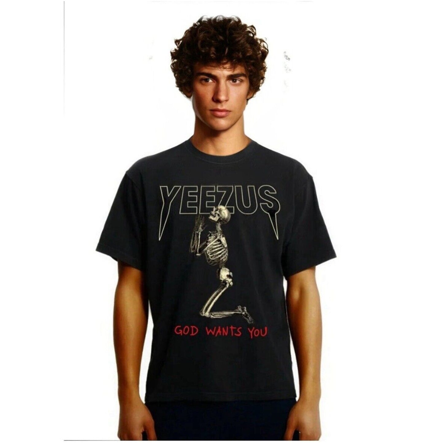 Yeezus Black God Wants You Kneeling Skeleton Graphic Short Sleeve Unisex Tee XL
