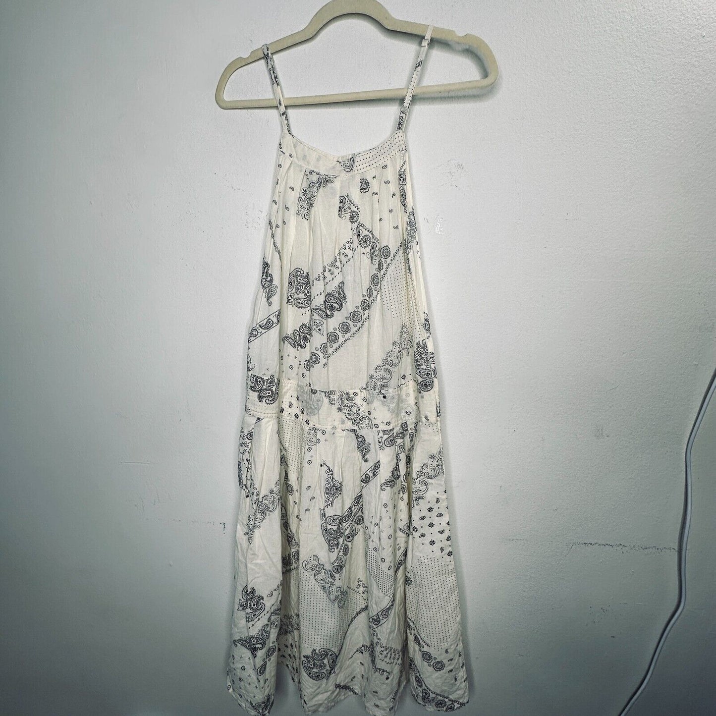 Anthro Cream Black Scarf Print Ruffle Spaghetti Strap Pleated Flowy Dress Med