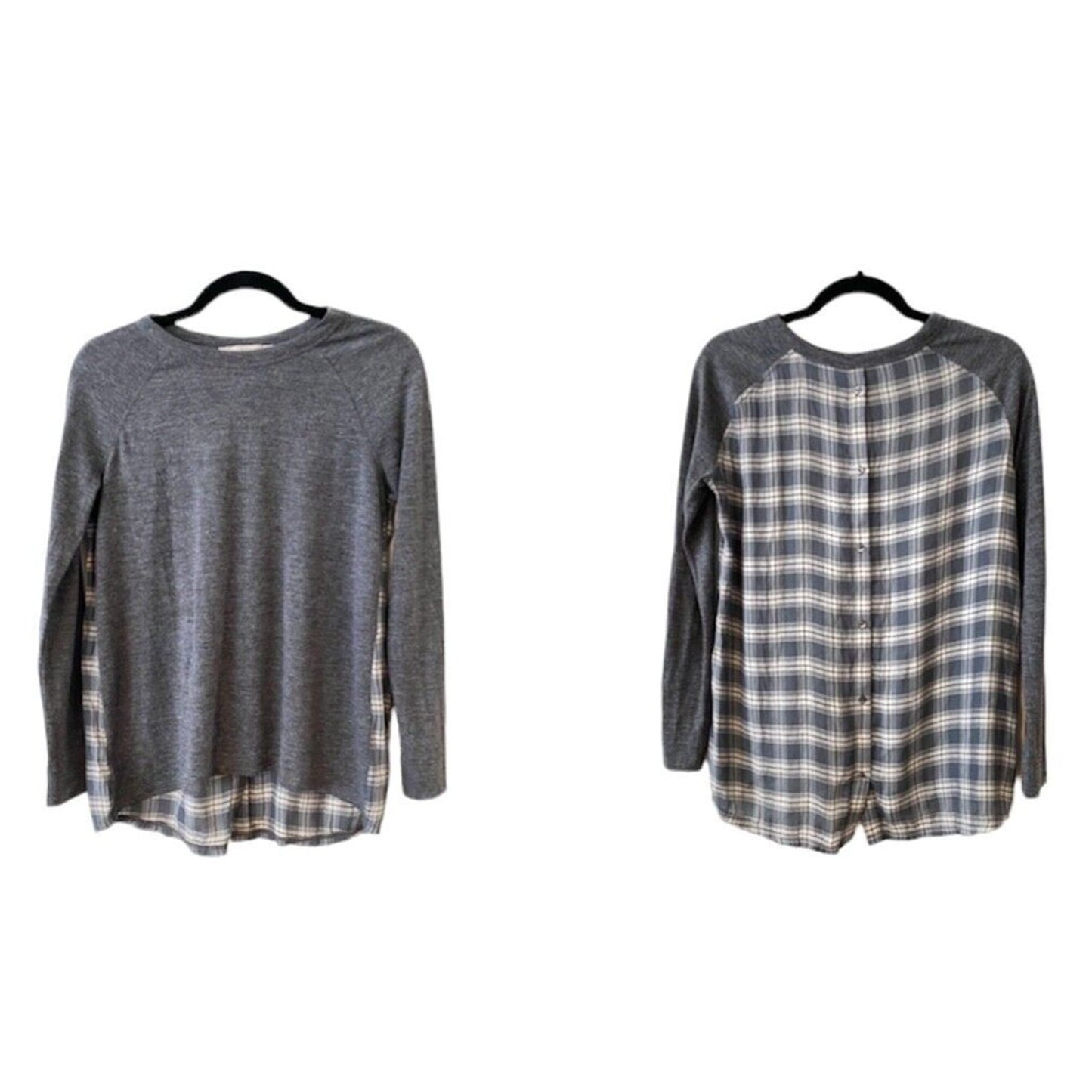 Ann Taylor Loft High Low Medium Gray Top Gray Blue & Cream Plaid Button Down XSP