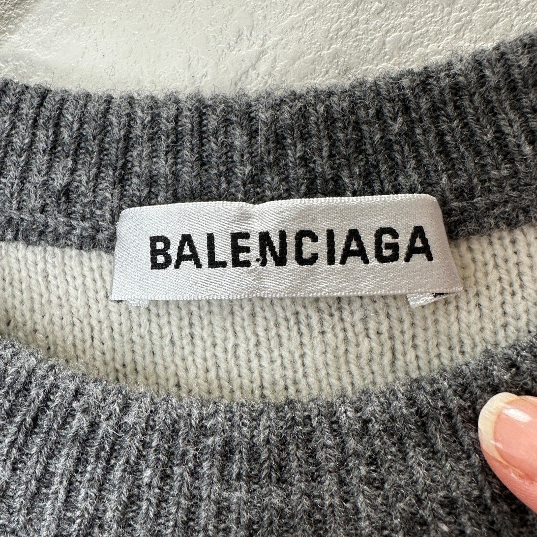 Balenciaga Dark Gray Long Sleeve White Logo'd Crew Neck Sweater L