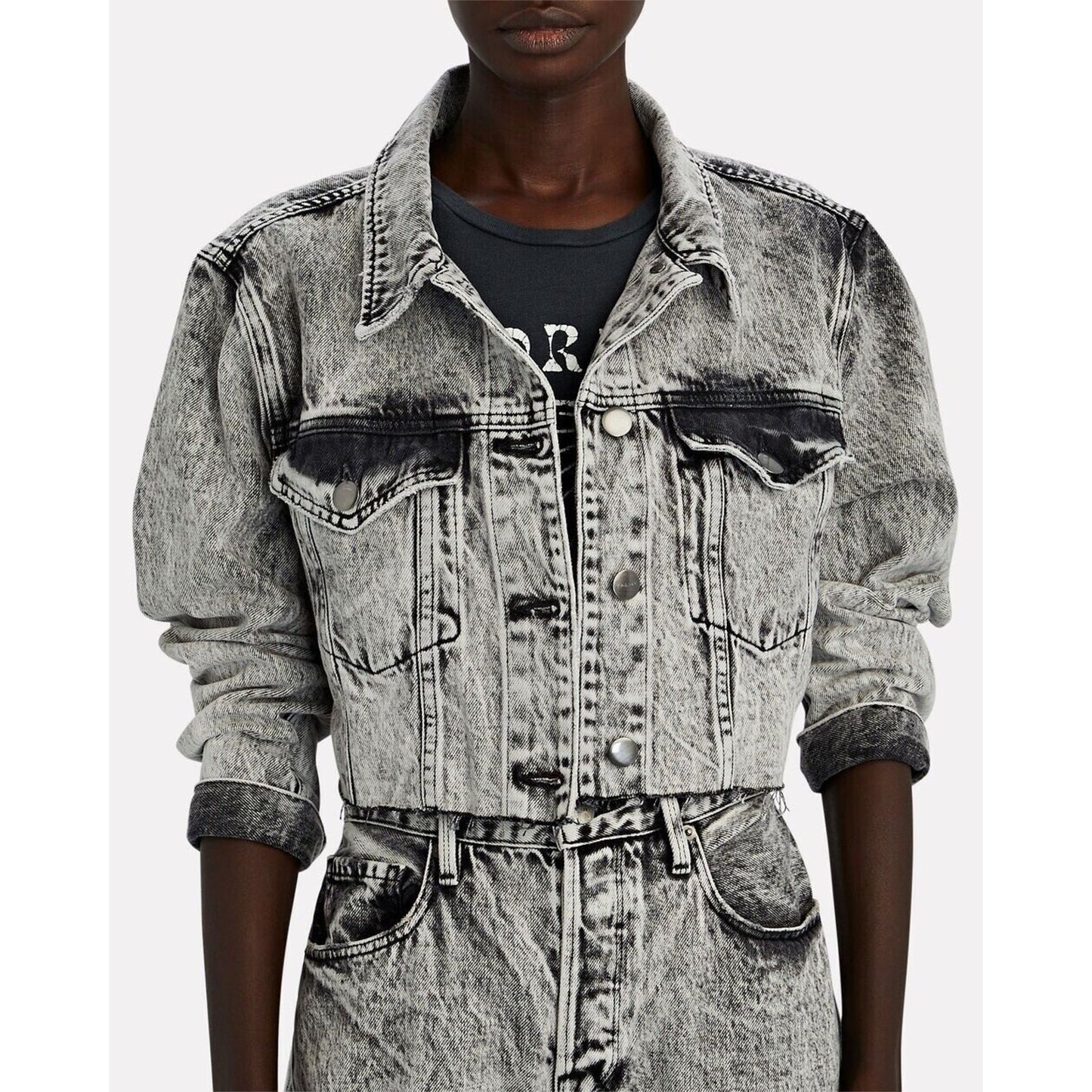 Frame Stonewashed Gray Faded & Distressed Crop Jacket Front Button Raw Hem S