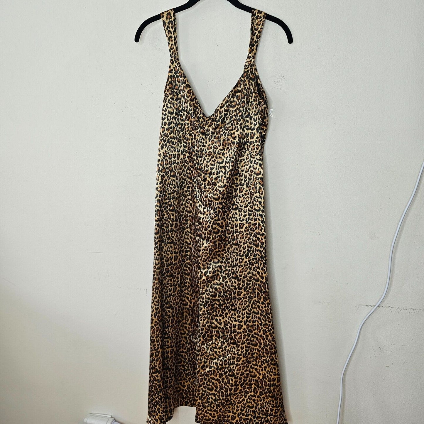 Dance & Marvel Tan Black Satin Cheetah Print V-Neck Front Slit Midi Dress L