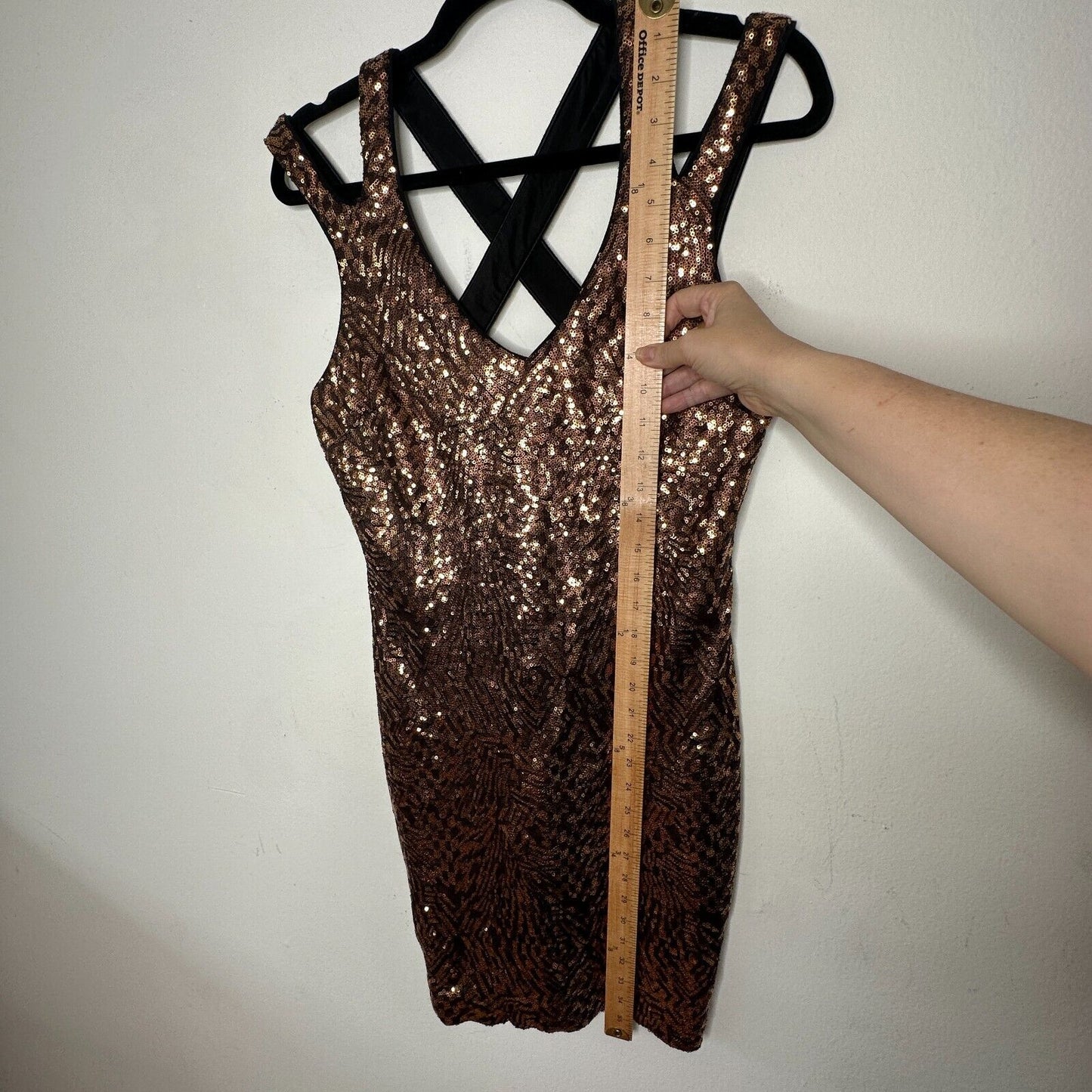 Bebe Copper Bronze Metallic Sequin Strappy Mini Dress Criss Cross Back Zip M