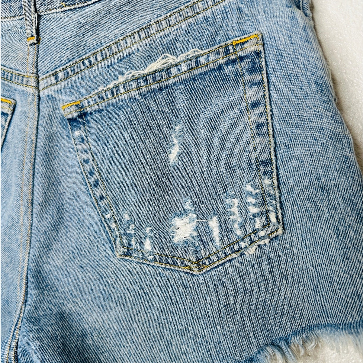 AGOLDE Medium Blue Raw Hem Distressed Button Fly Cut Off Jean Shorts 28
