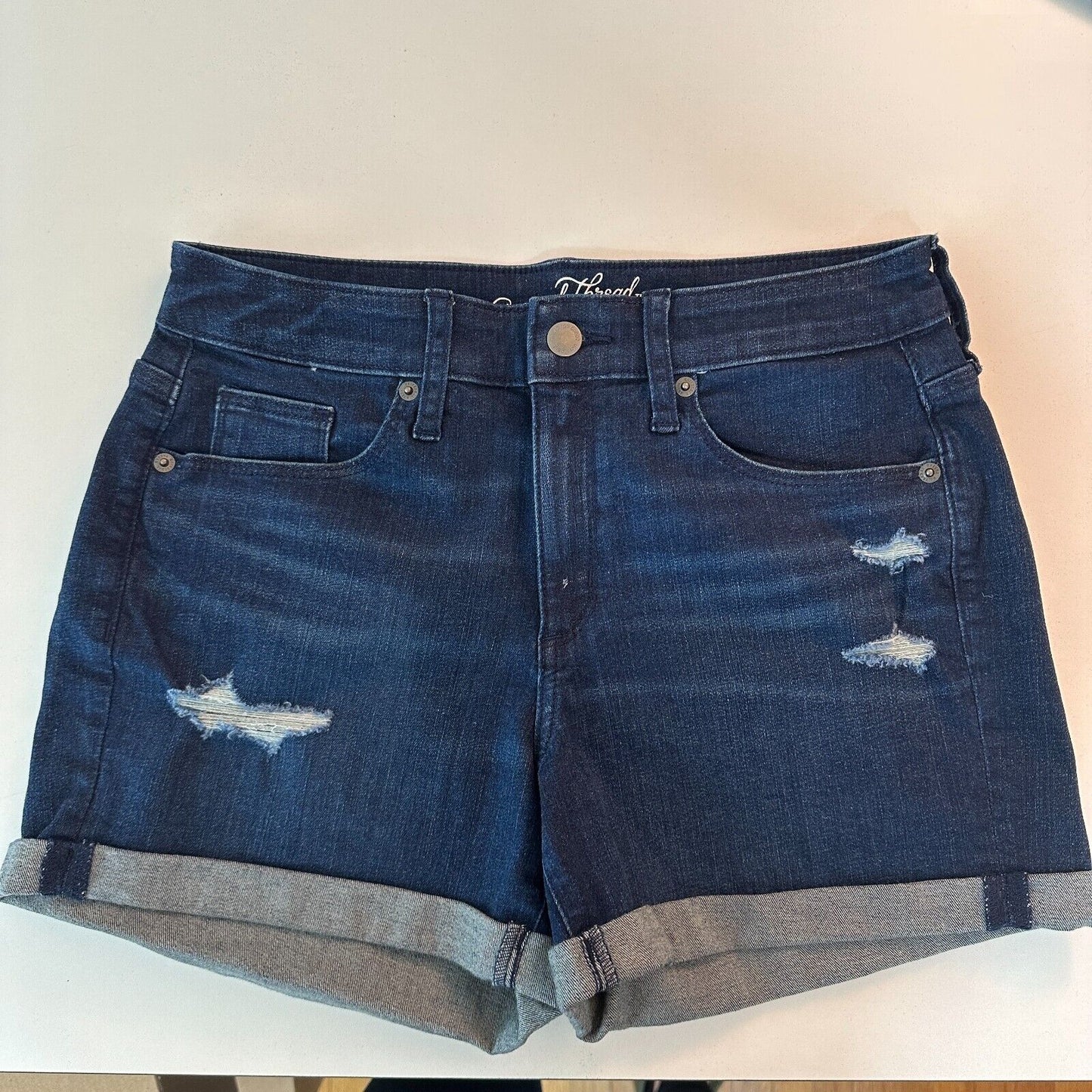 Universal Thread Hi-Rise Mini Dark Distressed Denim Cuff Jean Zip Shorts 6 / 28