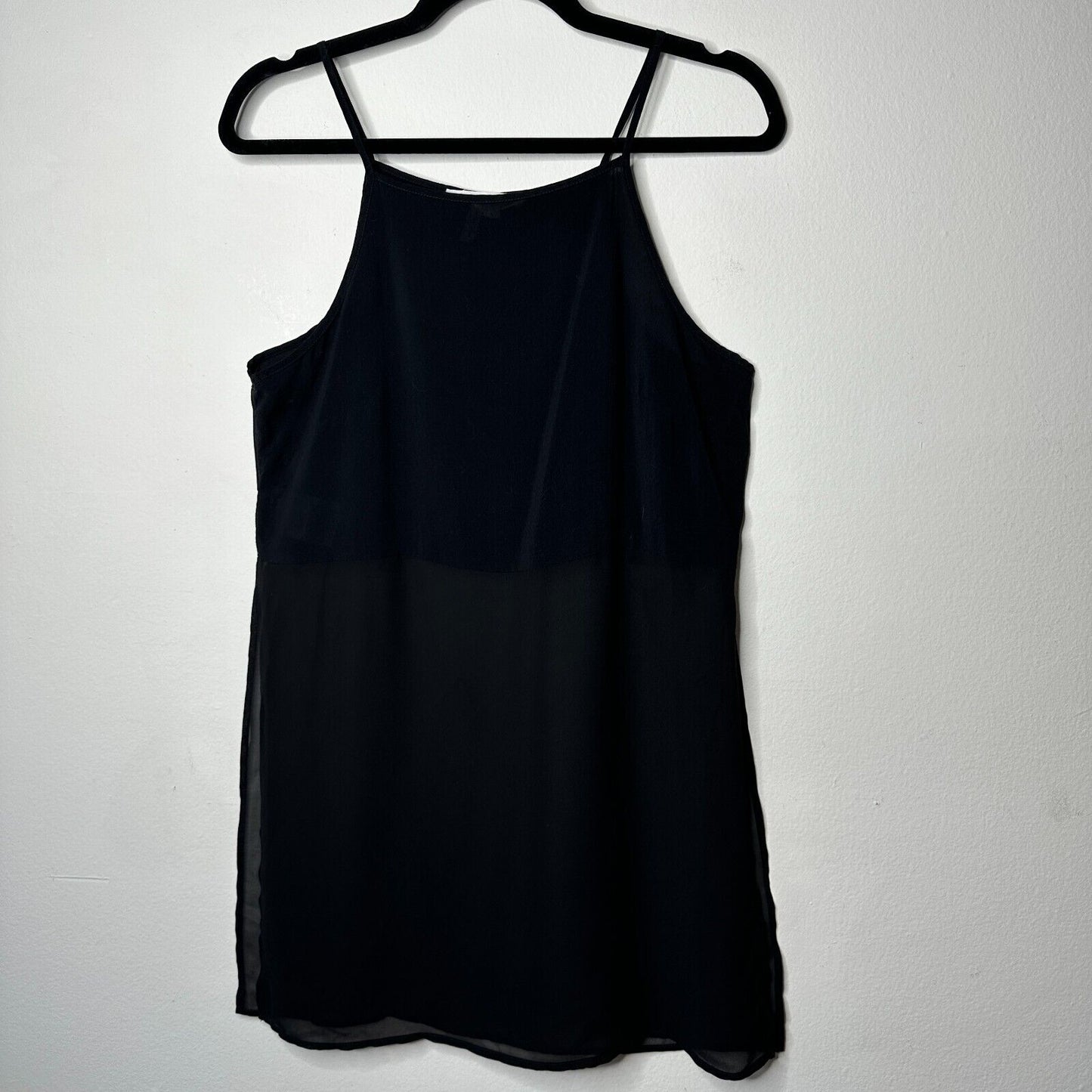 BCBGeneration Jet Black Sheer Side-Slit Lined Spaghetti Strap Crop Tank Cami SM