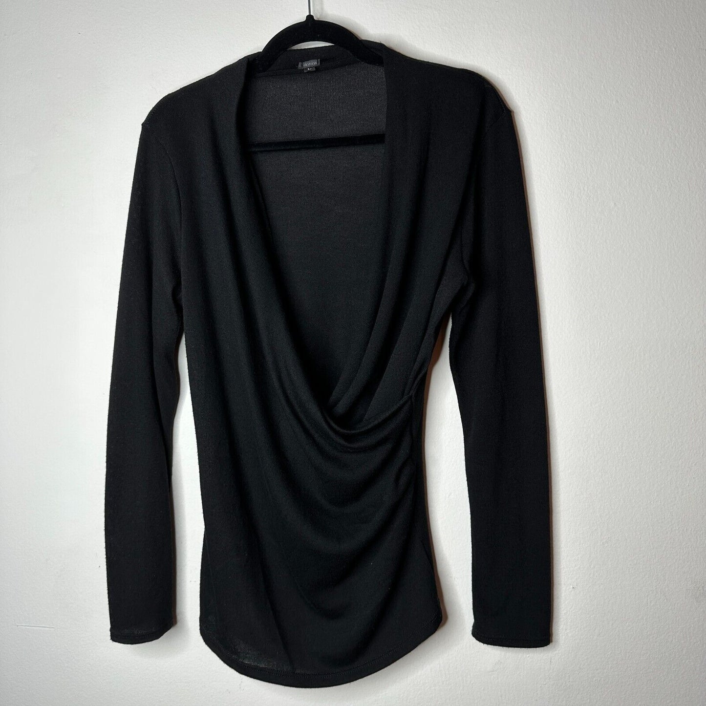 Aziz Jet Black Slinky Faux Wrap Deep VNeck Long Sleeve Sweater Jumper Top L