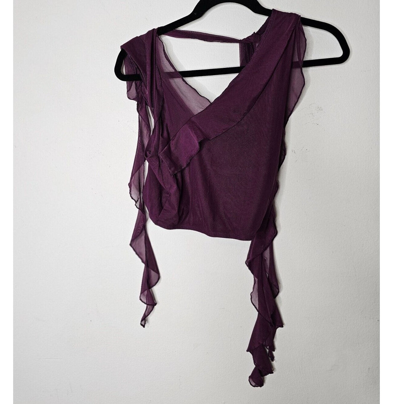 Cider Cute Purple Sleeveless Ruffle Mesh Faux Wrap Tie Neck Blouse Top Small