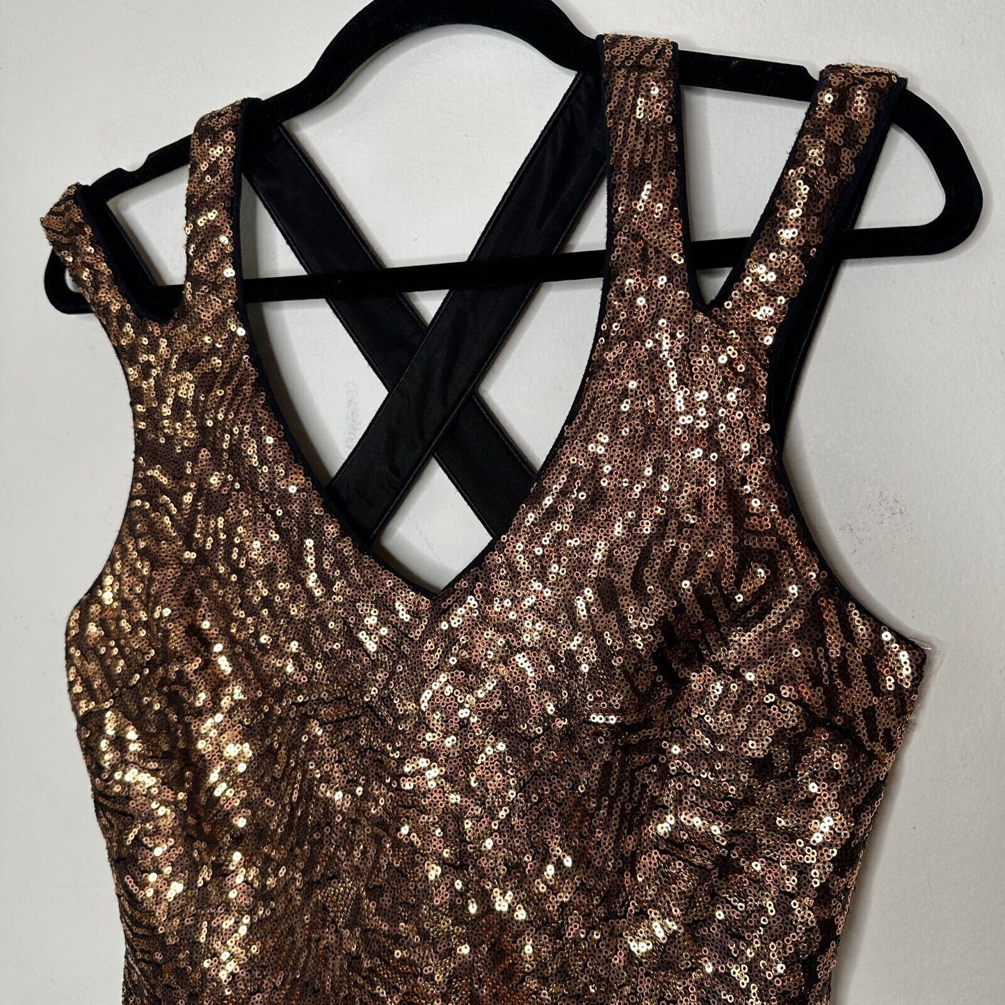 Bebe Copper Bronze Metallic Sequin Strappy Mini Dress Criss Cross Back Zip M