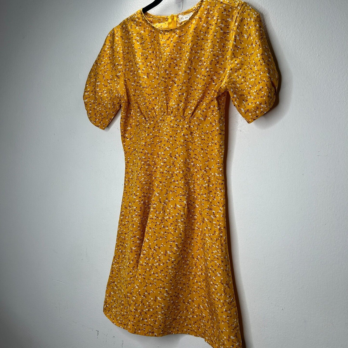 Tu by Catu Mustard Yellow White Brown Floral Short Sleeve High Neck Mini Dress