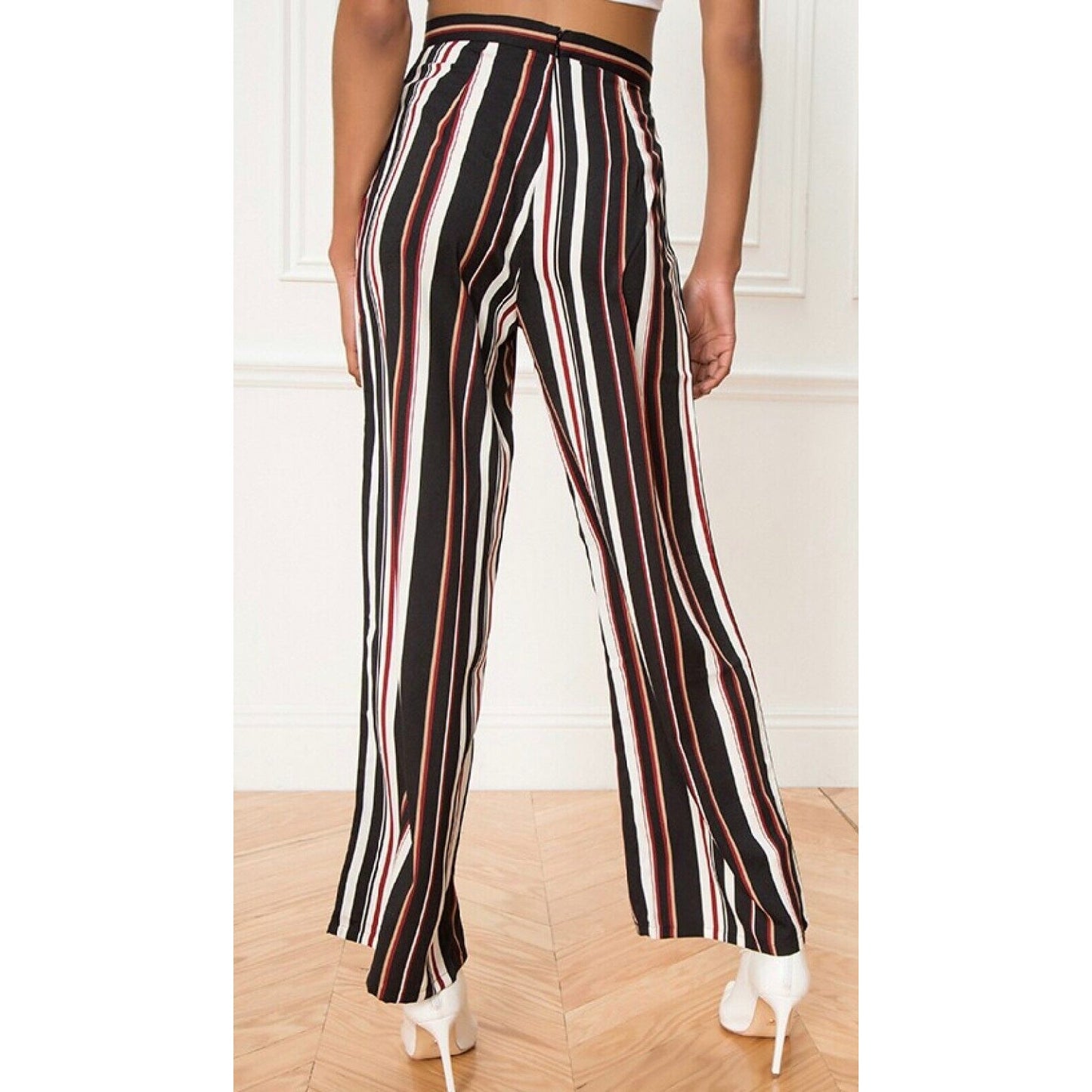 About Us Lenny Black Red White Stripe Pants Flare Trousers Back Zip Pockets L