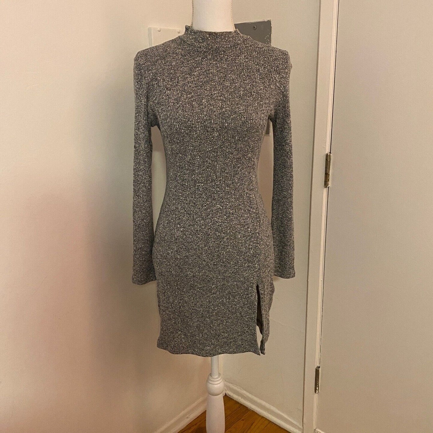 Better Be Marled Grey Knit Mock Neck Long Sleeve Split Front Bodycon Mini M