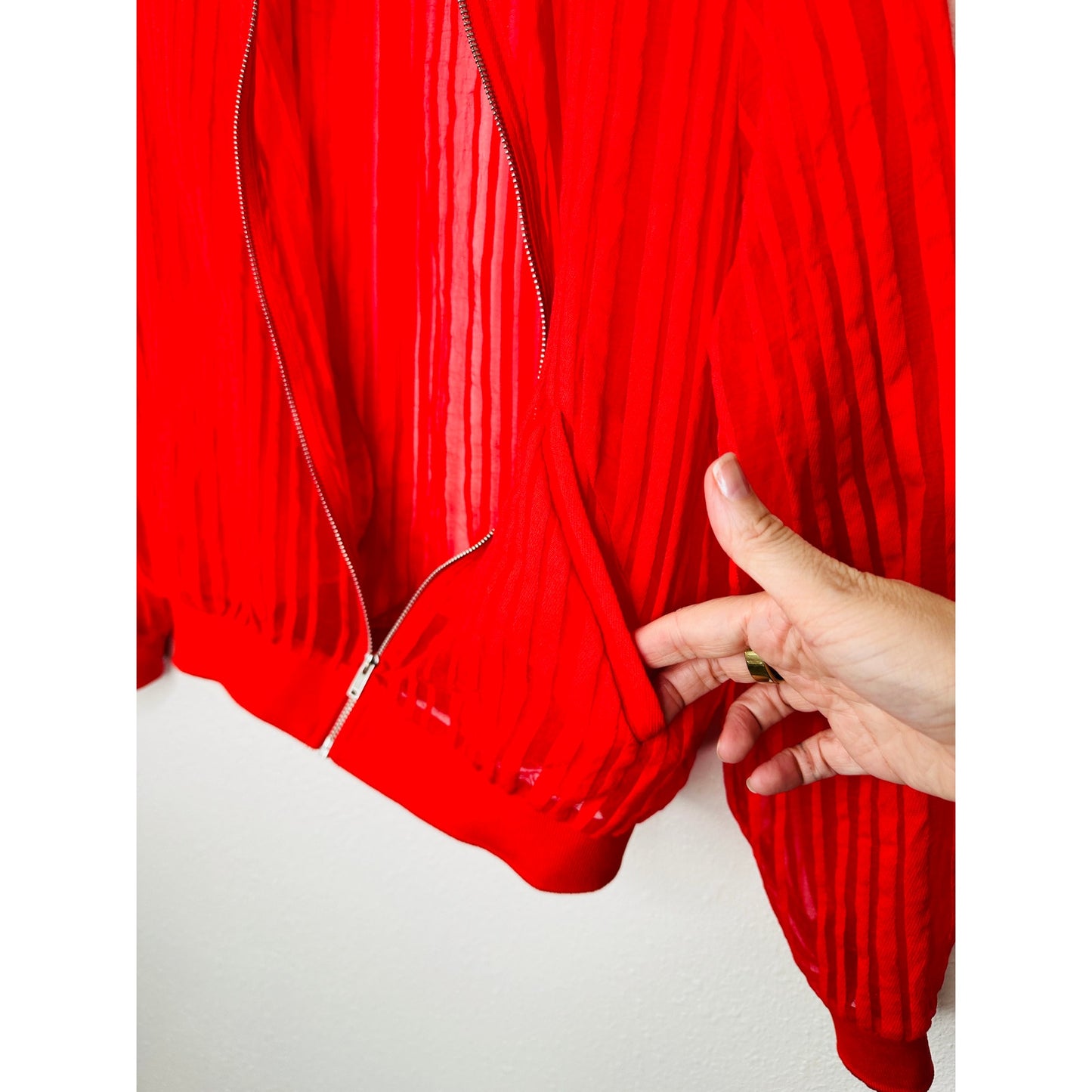 Zara Red Organza Sheer Striped Bomber Jacket Front Zip XS