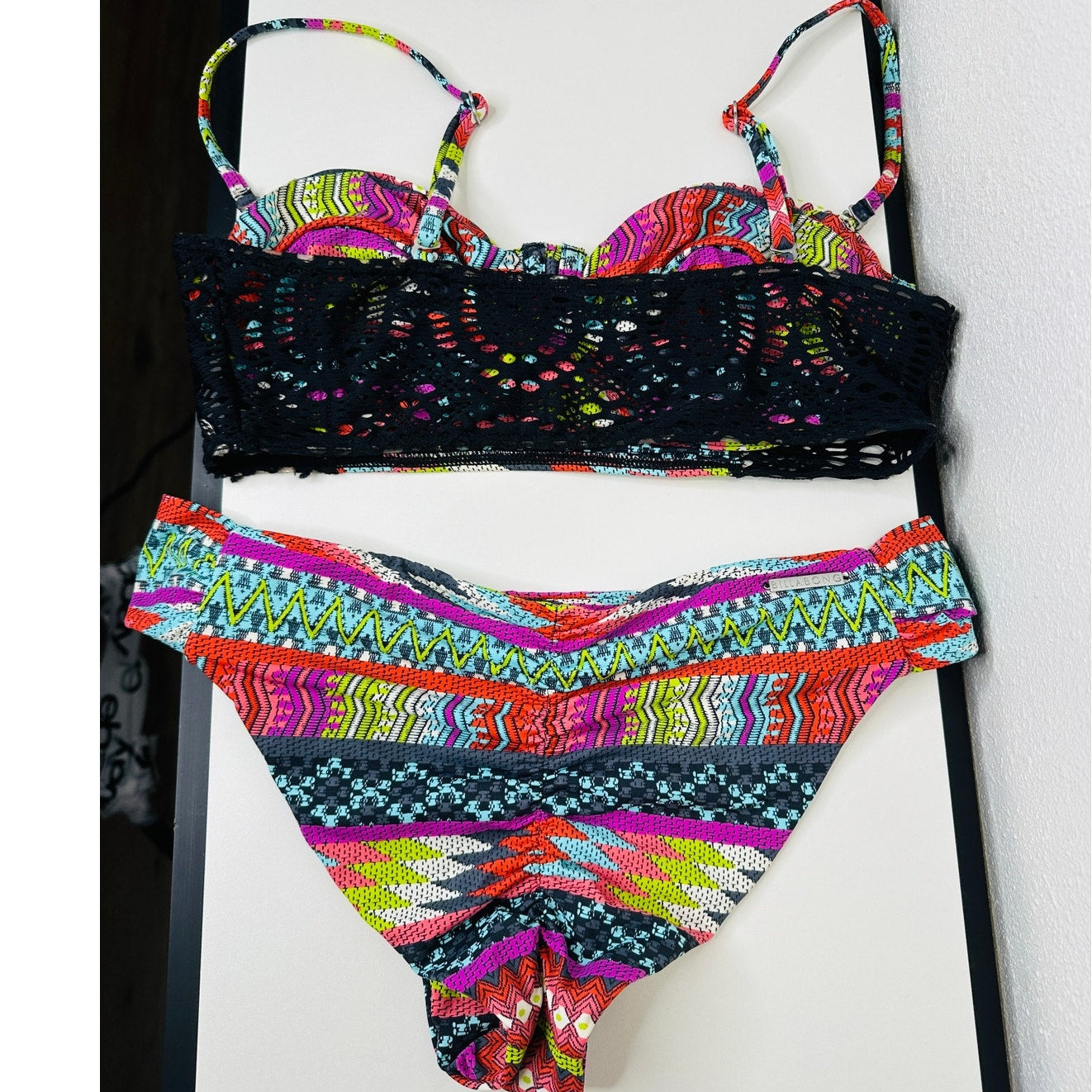 Billabong Black Blue Purple Green Multi Abstract Print Bikini M