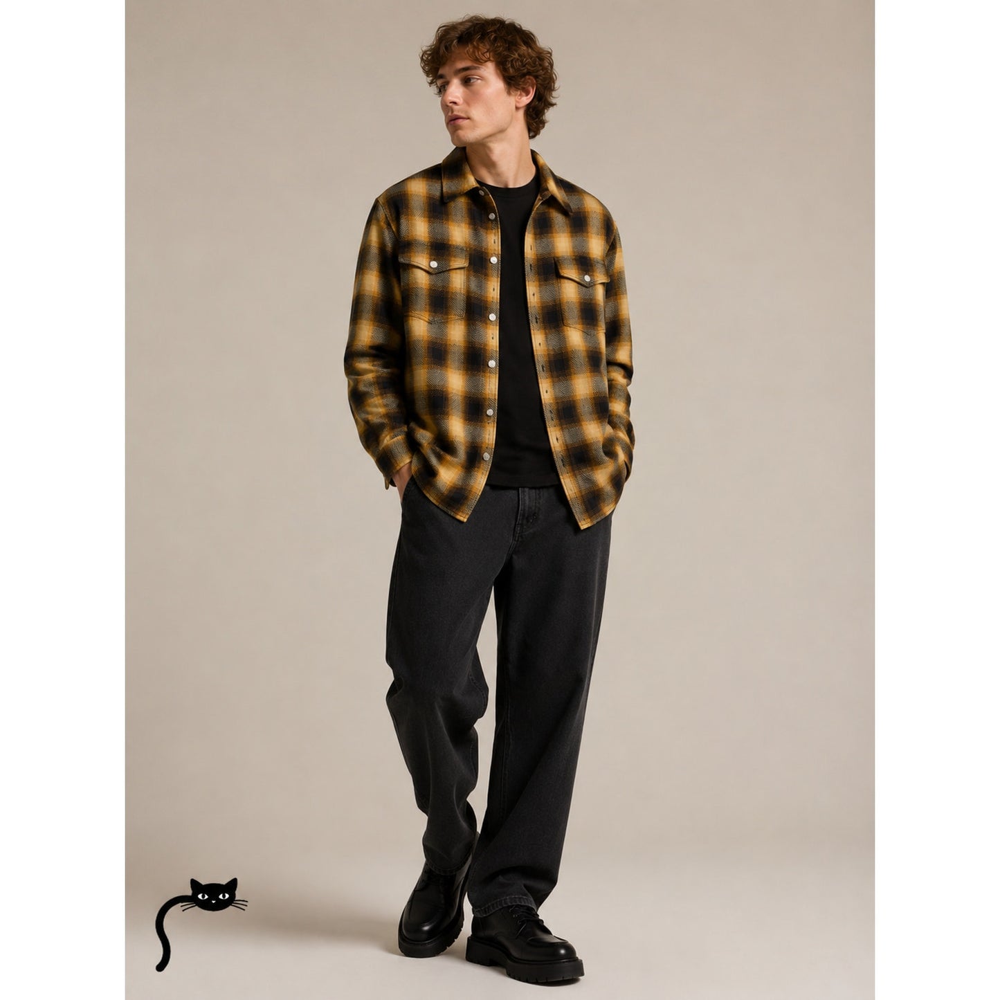 Dries Van Noten Butter Yellow Brown & Black Plaid Flannel Overshirt L