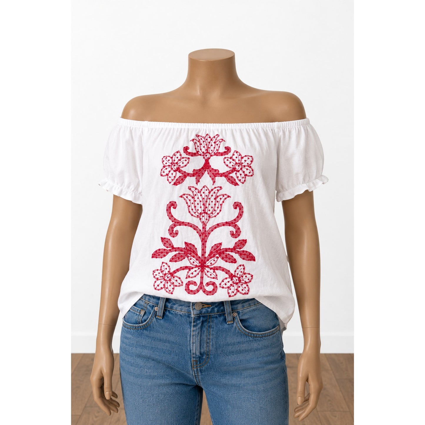 NWT Democracy Red Floral Embroidered Off Shoulder Top Blouse S