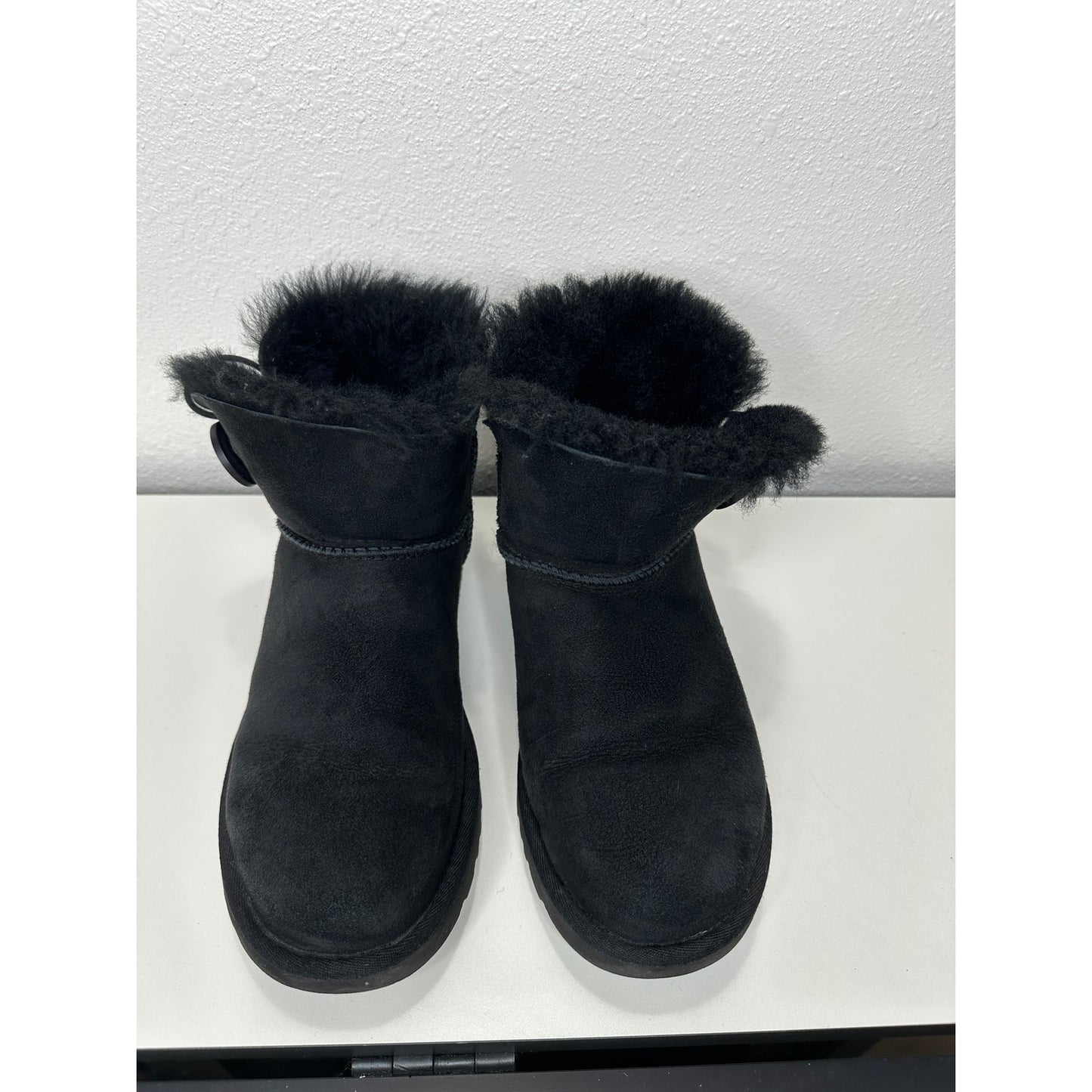 UGG Black Suede Furry Mini Bailey Button Ankle Boot 6