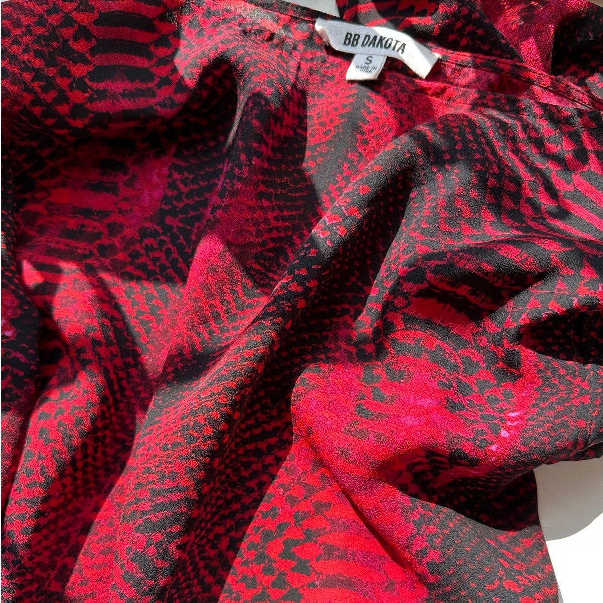 BB Dakota Red & Black Snakeprint Round Neck Long Sleeve Flowy Mini Dress S