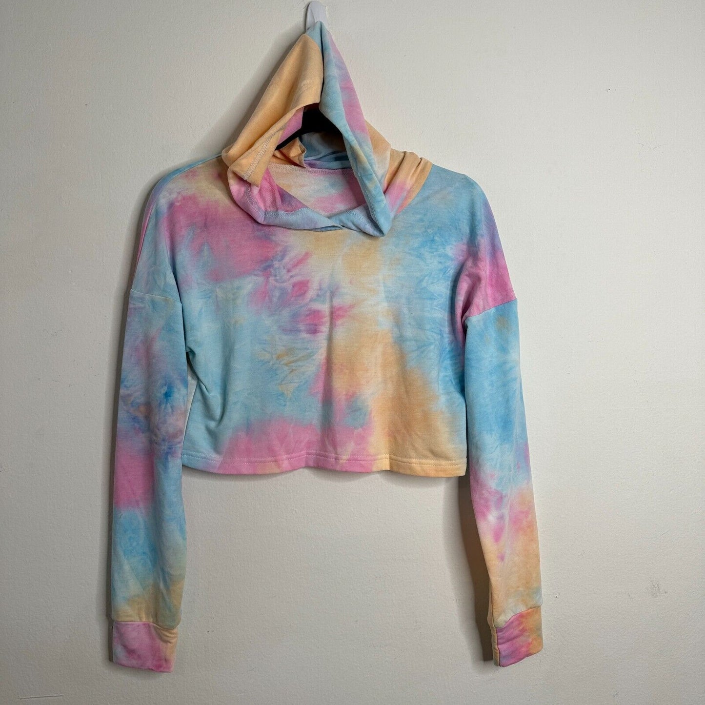 Lightweight Pale Pink Blue Tie Dye Drop Shoulder Long Sleeve Crop Hoodie Small