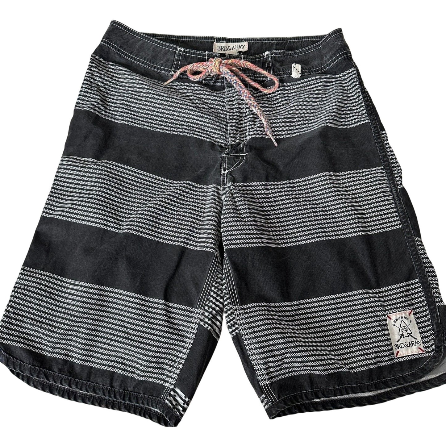 3rd & Army Mens Black & White Stripe Tie Waist Back Button Pocket Board Short 30