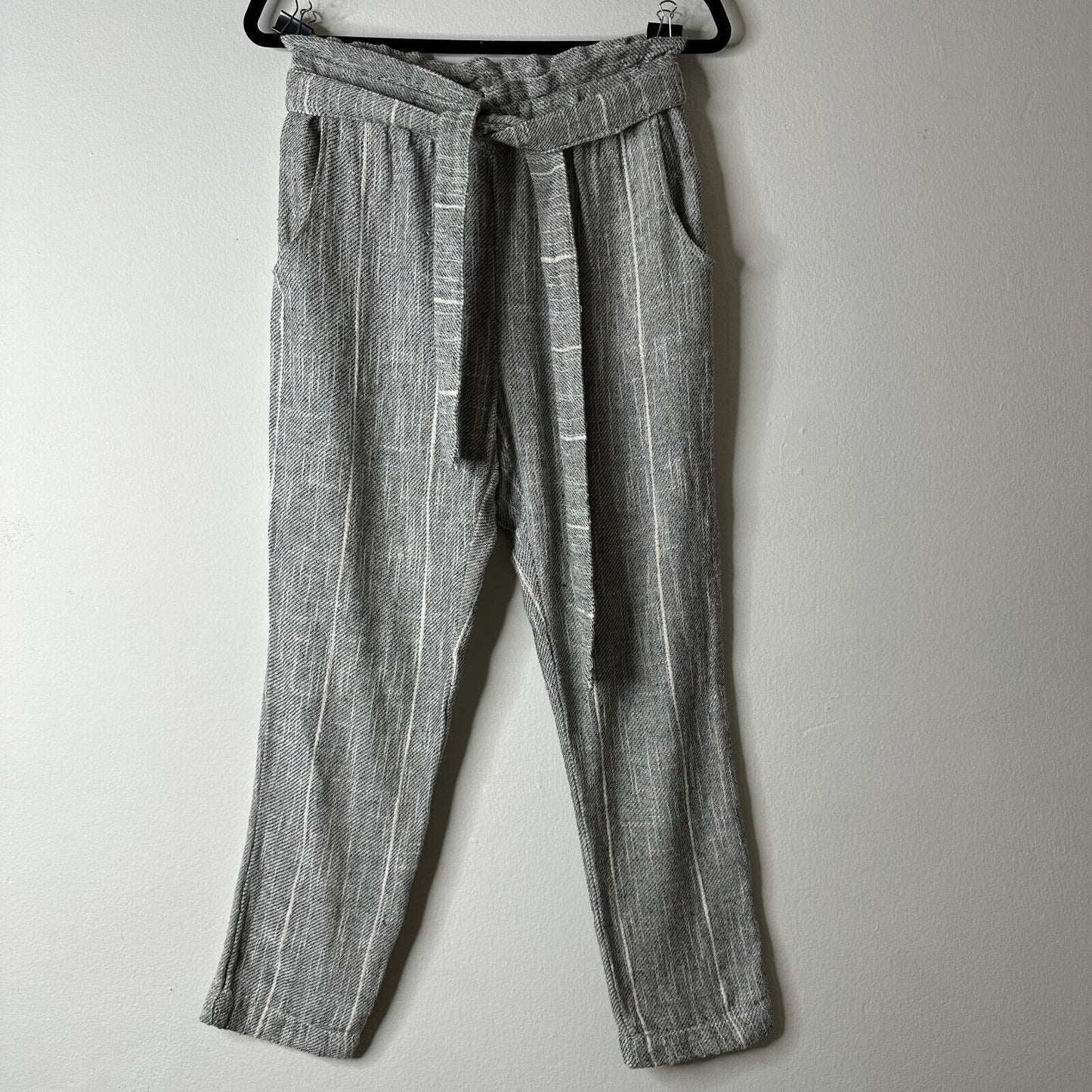 Free People Casual Cream & Black Tweed Stripe Crop Trouser Pants Tie Belt 2