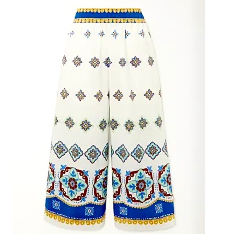 NWT La DoubleJ White Blue Printed Cropped Cotton-Poplin Wide Leg Crop Pant L