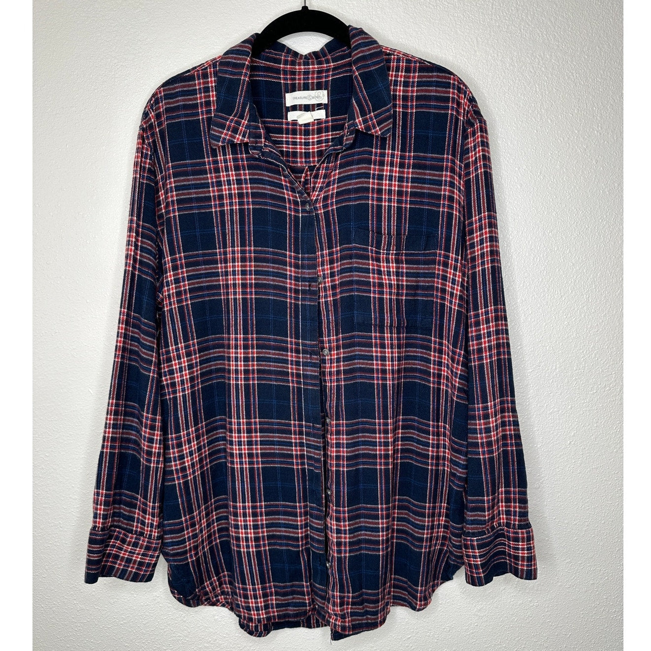 Treasure & Bond Navy Red White Plaid Collared Button Down Boyfriend Shirt L