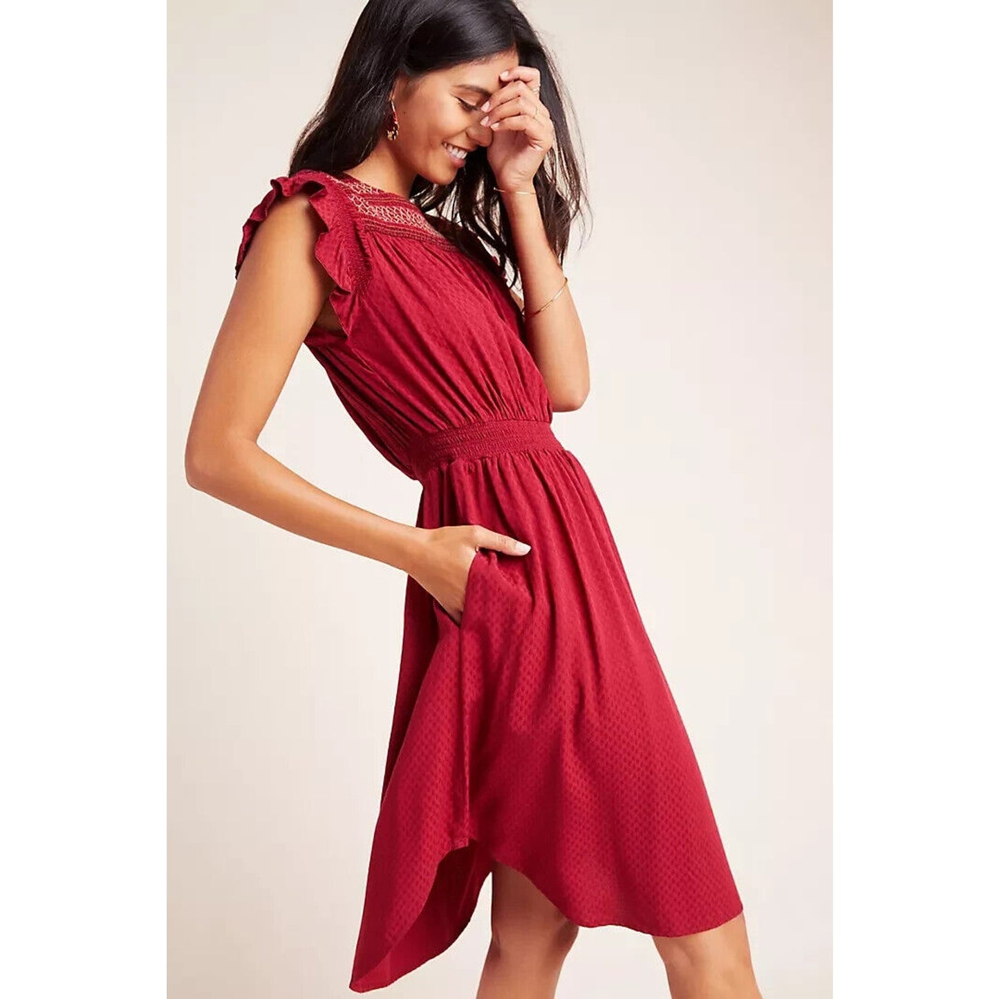 Anthropologie Dolan Red Left Coast Tansy Smocked Midi Ruffle-Shoulder Dress XS