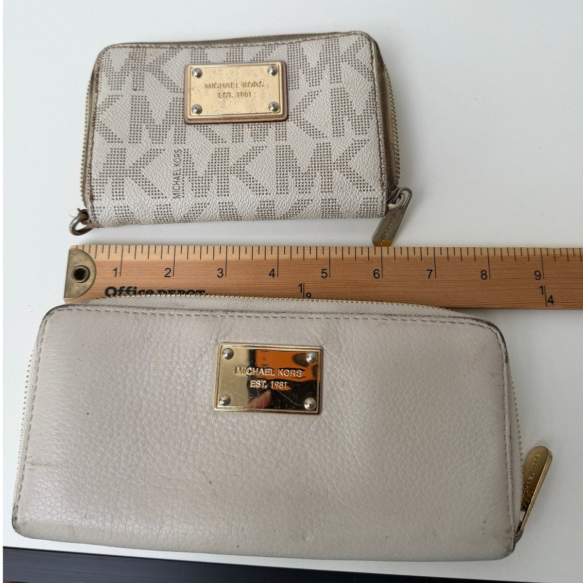 Michael Kors Set of 2 Cream Beige Signature Logo Zip Wallets