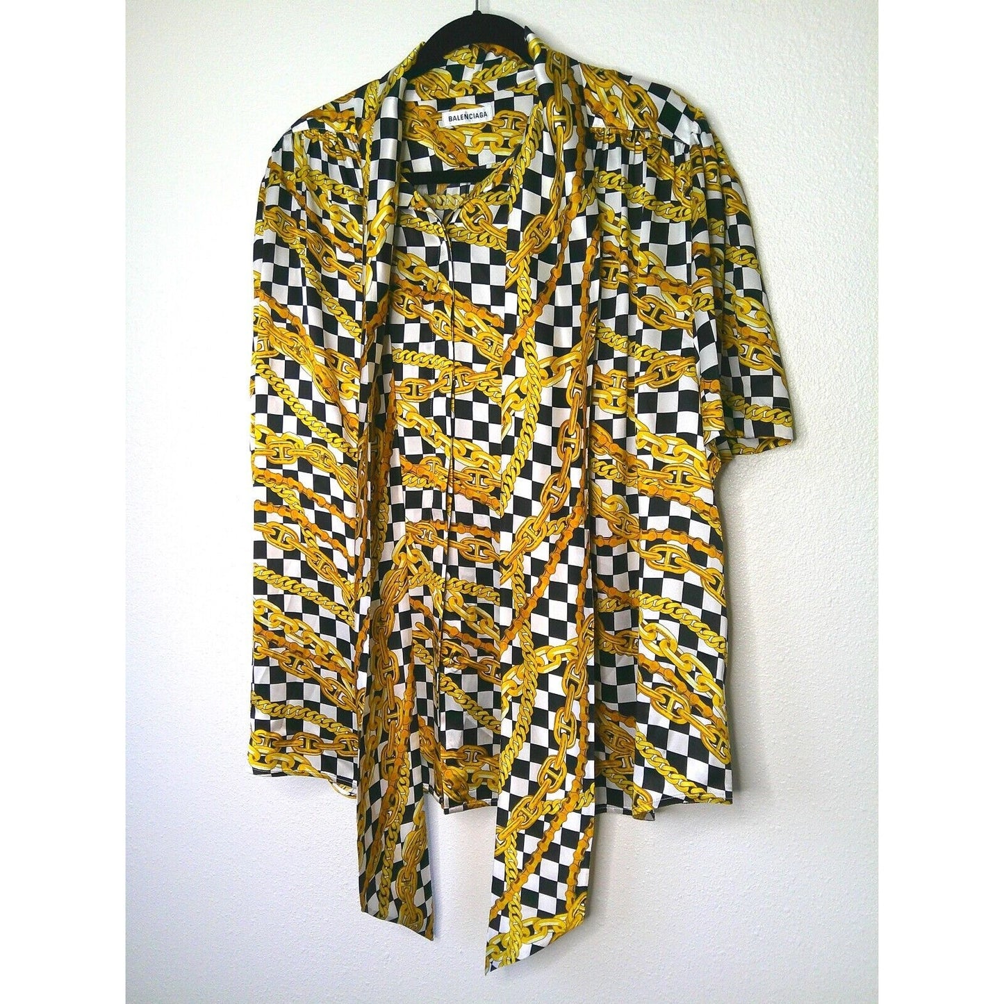 Balenciaga Black White Gold Checked Chain Print Short Sleeve Tie Neck Blouse 40