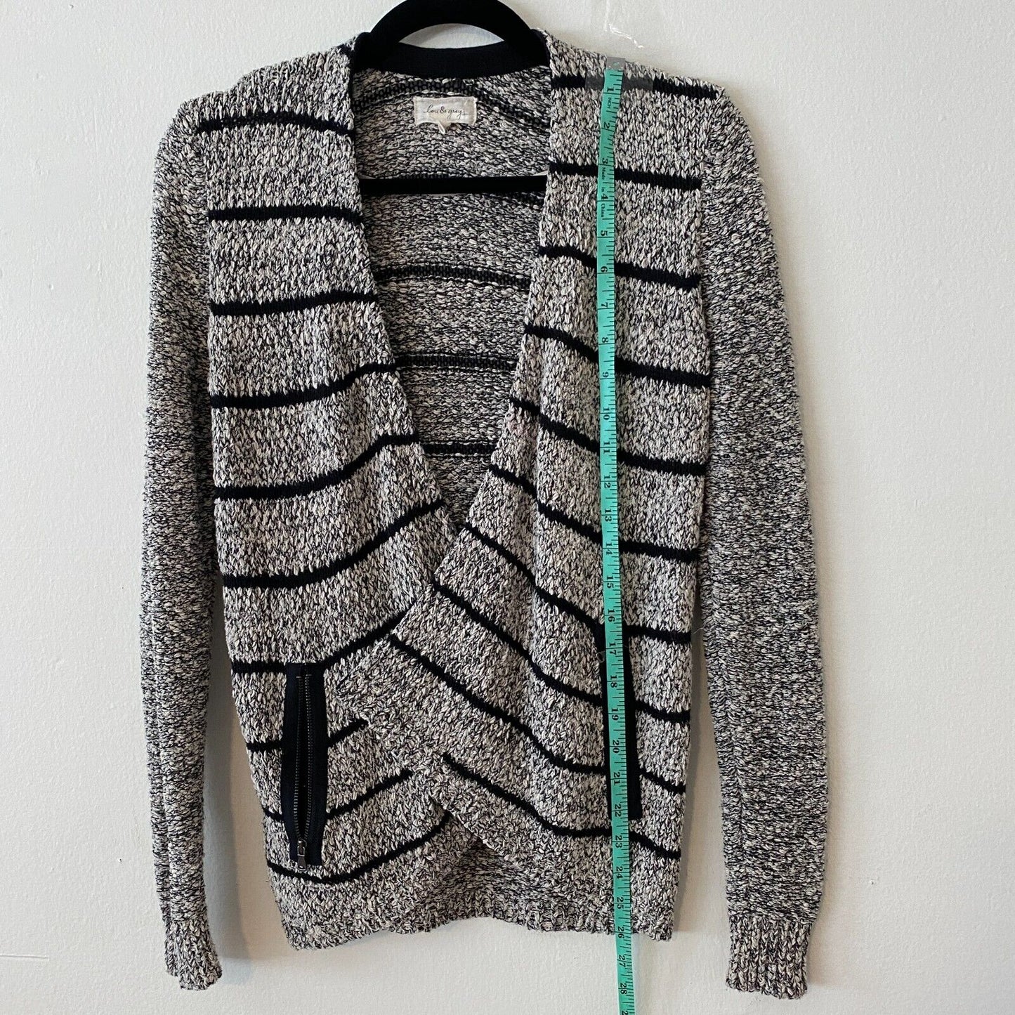 Lou & Grey Chunky Knit Black & Gray Off White Stripe Open Cardigan Zip Pocket XS