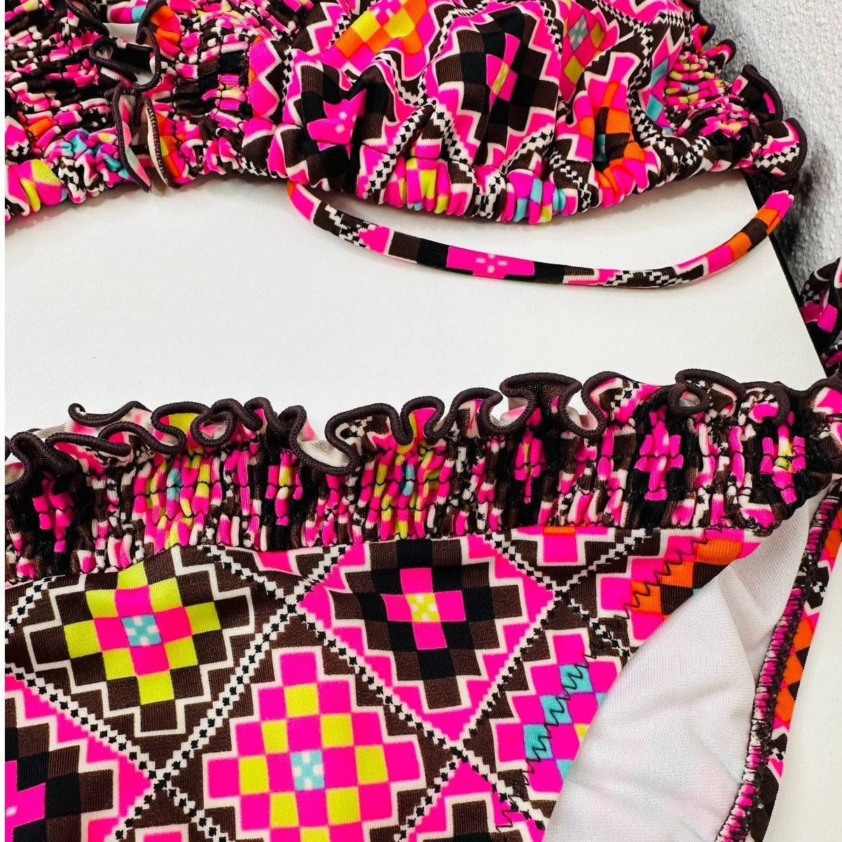 BIllabong Brown Pink Yellow Multi Print Ruched Ruffle Trim Bikini L