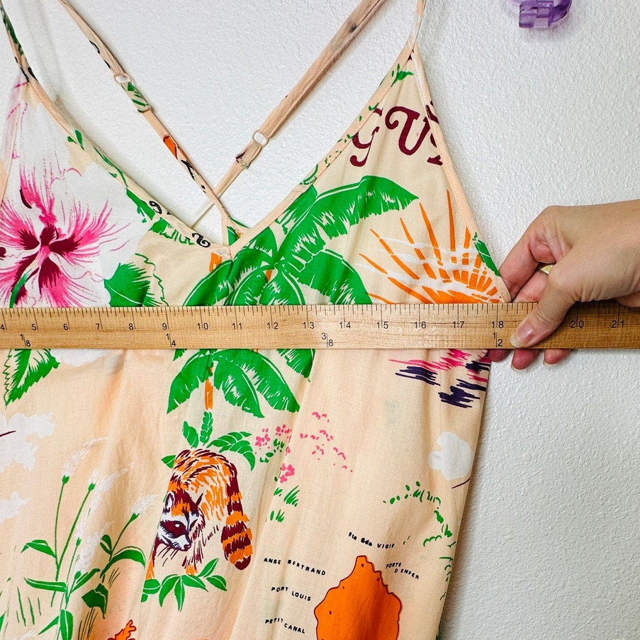 UO Sunkissed Printed Poplin Tropical Floral Flowy Pleated Ruffle Maxi Sundress M