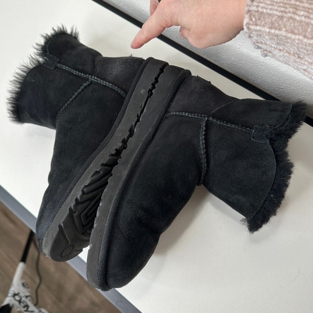 UGG Black Suede Furry Mini Bailey Button Ankle Boot 6