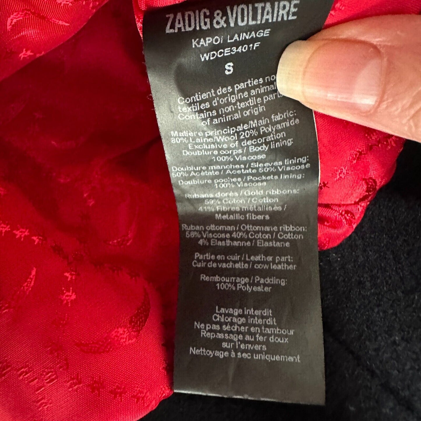 Zadig & Voltaire Wool Jacket Navy Gold Stand Collar Flap Pocket Zip Up Bomber SM